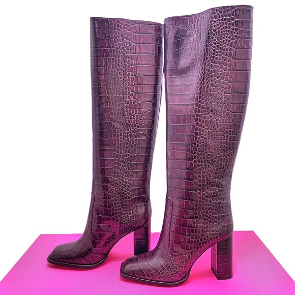 PARIS TEXAS NWT Square-Toe Crocodile-Effect Leather Knee Boots in Burgundy 8.5 - Picture 4 of 15